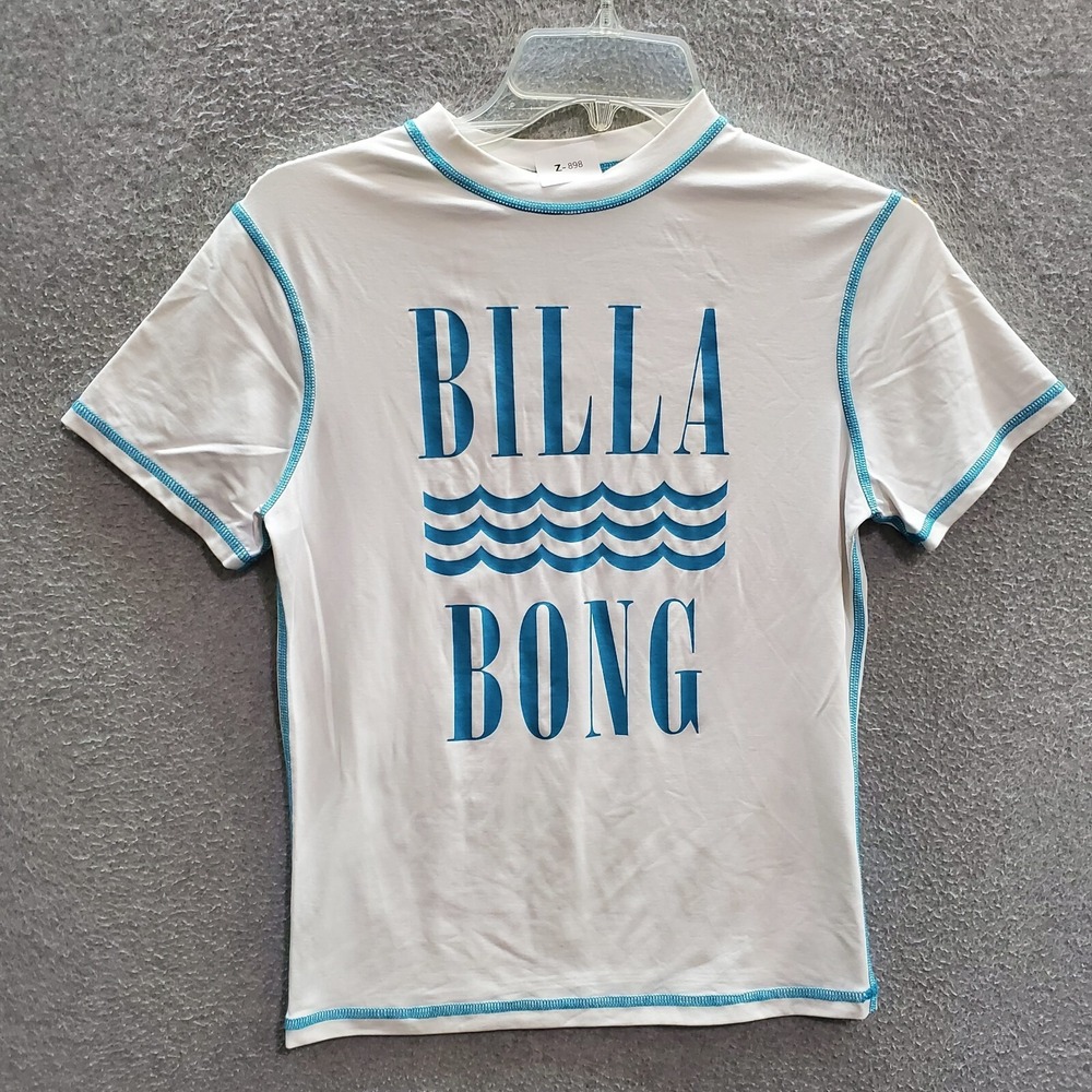 Billabong Boys T-Shirt Large White Logo Swim‎ Rash Guard Short Sleeve Tee